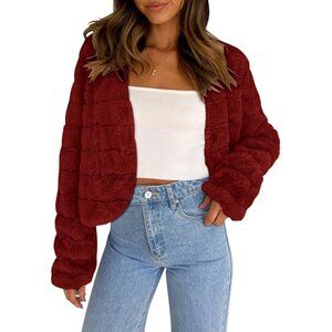 Women's Faux Fur Coats Fleece Cropped Jacket Long Sleeve Shaggy Warm Red